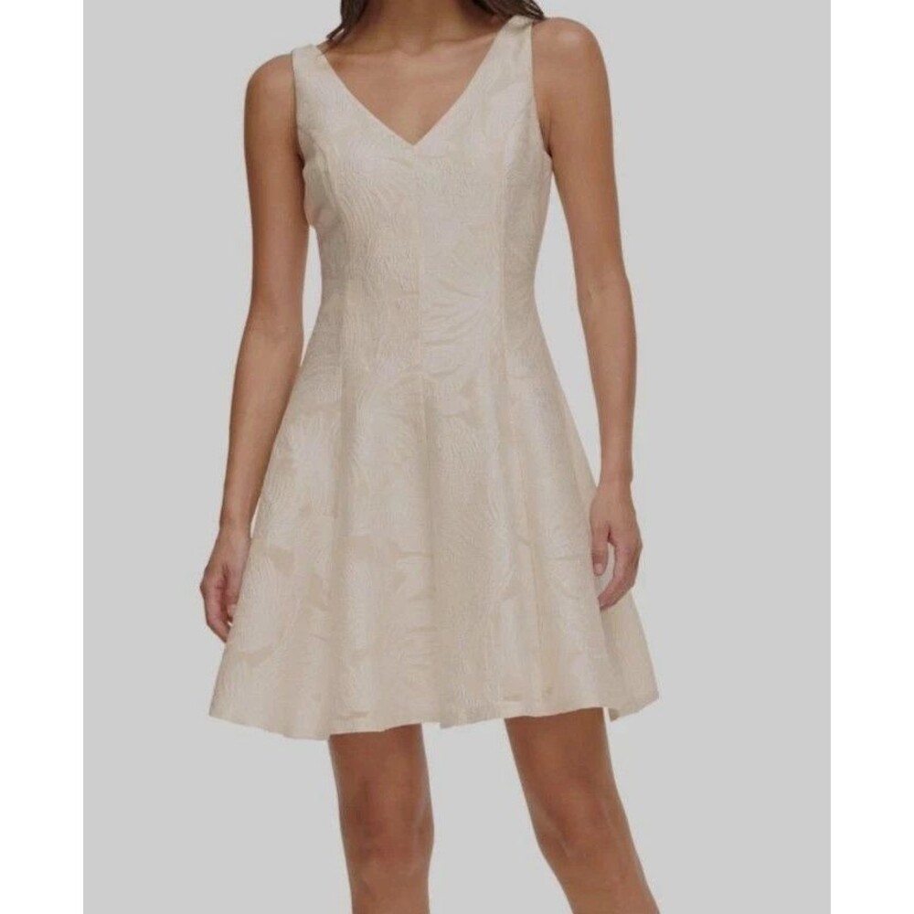 DKNY Women's Floral Jacquard Sleeveless V Neck Dress Ivory Beige Size 16